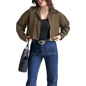 YouSexy Women's Cropped Bomber Jackets Long Sleeve Casual Zipper Up Coat Outerwear in Kuwait