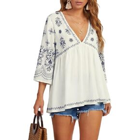 OPOIPIN Women's 3/4 Sleeves V Neck Loose Fit Dressy Casual Babydoll Blouse Tops in Saudi Arabia