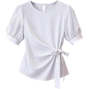 Verdusa Women's Bow Tie Waist Dressy Blouses Puff Sleeve Tops Chic Summer Shirts in Kuwait