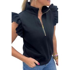 UONBOX Womens Summer Solid Ruffled Short Sleeves Zipped up Collared Blouse 2026 Loose Casual Tops in Kuwait