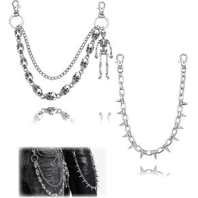 2 Pack Punk Pants Chains for Men Women - Double Skull & Single Rivet Biker Chains, Adjustable Wallet Chain for Jeans, Goth Belt Accessories in Saudi Arabia