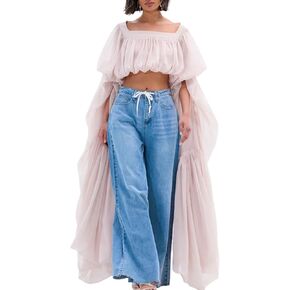 Bubble Crop Top for Women Trendy Square Neck Chiffon Ruffled Puff Sleeve Weekends Vacation Going Out Tops in Saudi Arabia
