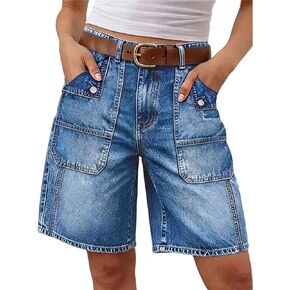 Flamingals Mid Waist Denim Bermuda Shorts for Women Washed Decor Front Stitch Detail Loose Fit Jean Shorts with Pockets in Kuwait