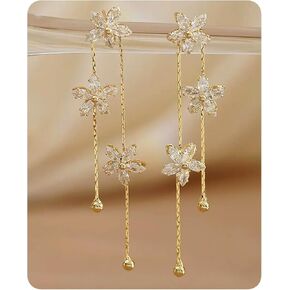 14K Gold Plated Flower Dangle Earrings for Women, White Cubic Zirconia Floral Drop Earrings, Lightweight Long Chain Jewelry Gift in Saudi Arabia
