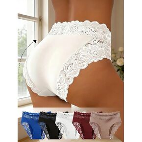 Women's Lace Trim Hipster Triangle Panties, Soft Ice Silk Mid-Rise Briefs, Floral Geometric Patterns Lace Underwear, 5pcs in Kuwait