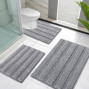 OLANLY Thick Bathroom Rugs Sets 3 Piece, Absorbent Chenille Striped Bath Mats and U-Shaped Contour Toilet Rug, Home Decor Accessories, Bath Mat Set for Bathroom (30"x20"+24"x16"+24"x20", Grey) in Saudi Arabia