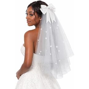 White Short Veil for Bachelorette Party & Women Wedding, Pearl Bow Bride dresses for bride, velos de novia in Saudi Arabia