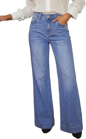 Dokotoo Women's Wide Leg Baggy Flare Jeans High Waisted Stretch Casual Denim Pants with Pockets in Kuwait