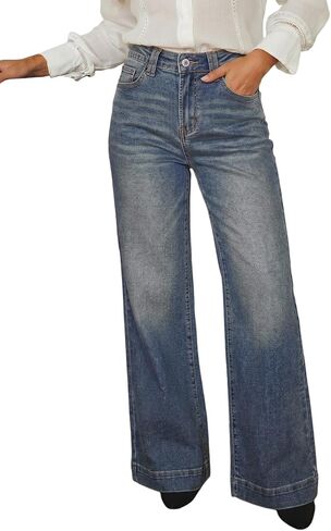 Dokotoo Women's Wide Leg Baggy Flare Jeans High Waisted Stretch Casual Denim Pants with Pockets in Kuwait