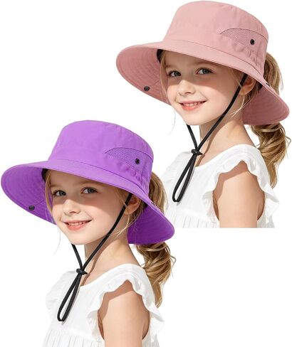 Century Star Kids Sun Hat Ponytail Girls UPF 50 Bucket Cap Summer Beach Fishing Kids Hat Wide Brim Adjustable Swim Hat in Kuwait