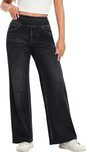 Hatant Women’s Pull On Wide Leg Jeans High Waisted Stretch Denim Pants with Pockets Elastic Waist Casual Jeans in Saudi Arabia