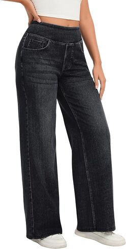 Hatant Women’s Pull On Wide Leg Jeans High Waisted Stretch Denim Pants with Pockets Elastic Waist Casual Jeans in Saudi Arabia