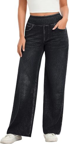 Hatant Women’s Pull On Wide Leg Jeans High Waisted Stretch Denim Pants with Pockets Elastic Waist Casual Jeans in Saudi Arabia