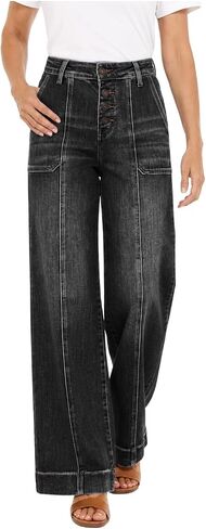 Women's Straight Leg Dad Jeans Seamed Front Stretchy Tummy Control Wide Leg Baggy Pocket Denim Pants in Saudi Arabia