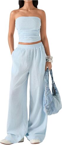 WDIRARA Women's 2 Piece Set Ruched Strapless Tube Top Wide Leg Pants Outfits in Kuwait