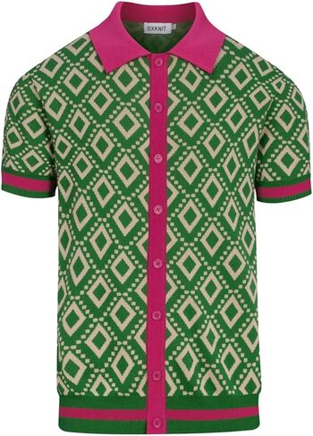 OXKNIT Men's Knit Short Sleeve Shirts Button Down 1960s Vintage Diamond Pattern Knitted Polo Shirt Green Cotton Polo in Kuwait