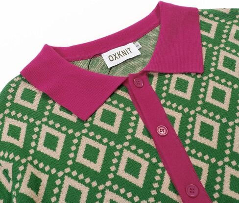 OXKNIT Men's Knit Short Sleeve Shirts Button Down 1960s Vintage Diamond Pattern Knitted Polo Shirt Green Cotton Polo in Kuwait