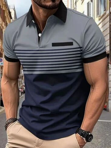 Men's Polo Shirt Casual Short Sleeve Color Block Top Shirt Slim Fit Golf Shirts with Pocket in Kuwait