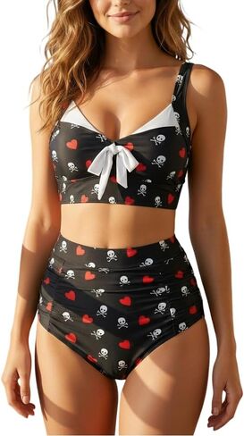 DRESSFO Women Gothic Skull Heart Tankini Swimsuit Bowknot Ruched High Waisted Bathing Suit in Kuwait
