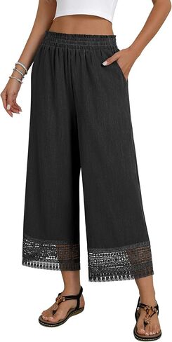 Hubery Womens Wide Leg Pants Summer Casual Palazzo Pants High Waist Flowy Beach Trousers with Pockets in Saudi Arabia