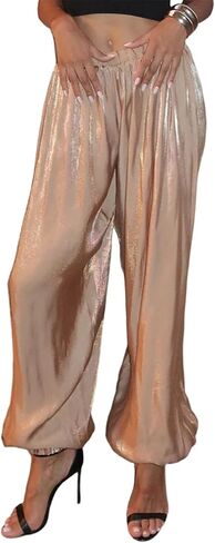 Famnbro Women Satin Harem Pants Elastic Waist Shiny Silk Barrel Wide Leg Casual Long Balloon Pants Trousers in Saudi Arabia