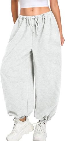 Womens Balloon Pants Barrel Wide Leg Elastic Waist Baggy Pant Comfy Joggers Lounge Harem Trouser Outfits in Saudi Arabia