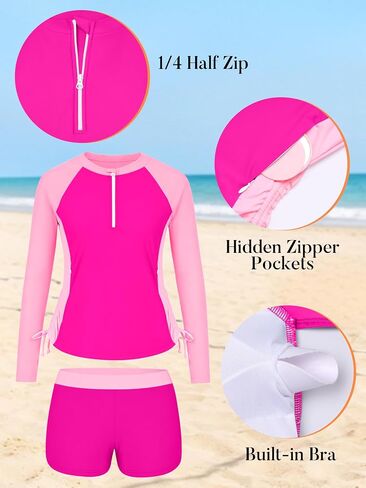 Girls Rash Guard Swimsuit Long Sleeve Swim Shirt 2 Piece Bathing Suits Shorts with Pockets UPF 50+ Swimwear 7-16Y in Saudi Arabia