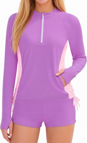 Girls Rash Guard Swimsuit Long Sleeve Swim Shirt 2 Piece Bathing Suits Shorts with Pockets UPF 50+ Swimwear 7-16Y in Kuwait