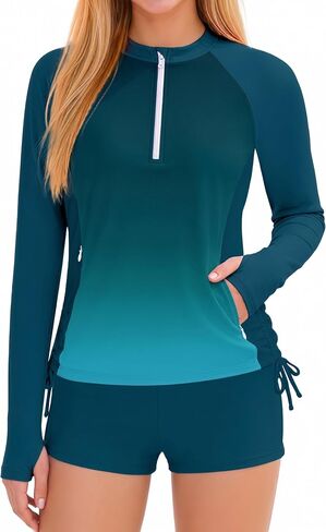 Girls Rash Guard Swimsuit Long Sleeve Swim Shirt 2 Piece Bathing Suits Shorts with Pockets UPF 50+ Swimwear 7-16Y in Saudi Arabia
