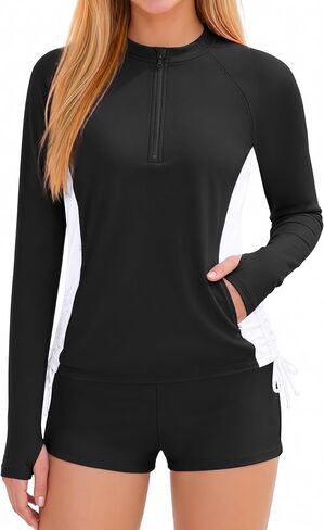 Girls Rash Guard Swimsuit Long Sleeve Swim Shirt 2 Piece Bathing Suits Shorts with Pockets UPF 50+ Swimwear 7-16Y in Saudi Arabia
