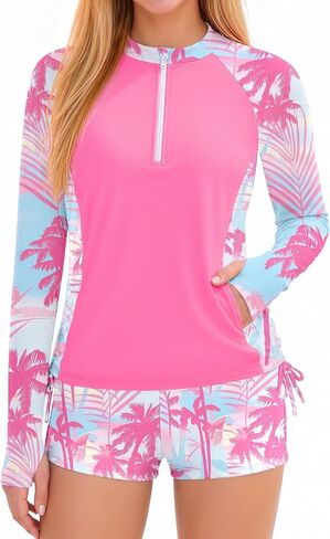 Girls Rash Guard Swimsuit Long Sleeve Swim Shirt 2 Piece Bathing Suits Shorts with Pockets UPF 50+ Swimwear 7-16Y in Saudi Arabia