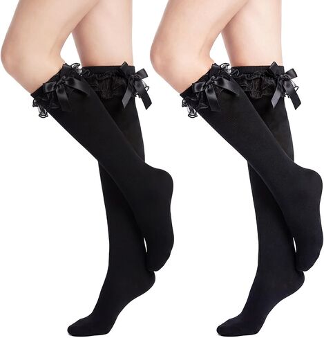 2 Pair Women Cotton Knee High Socks with Lace Ruffle Frilly Trim Socks Cute Cotton Sock in Kuwait