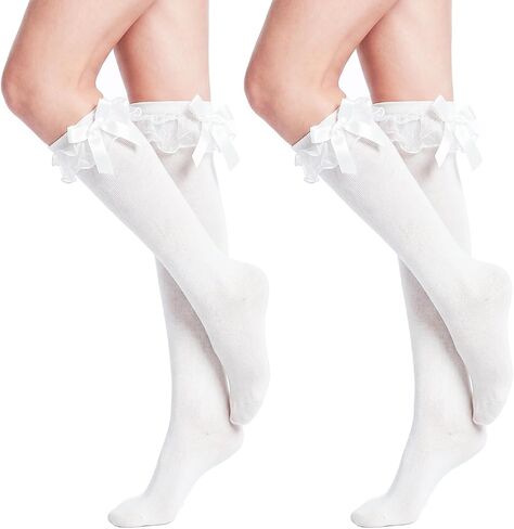 2 Pair Women Cotton Knee High Socks with Lace Ruffle Frilly Trim Socks Cute Cotton Sock in Kuwait
