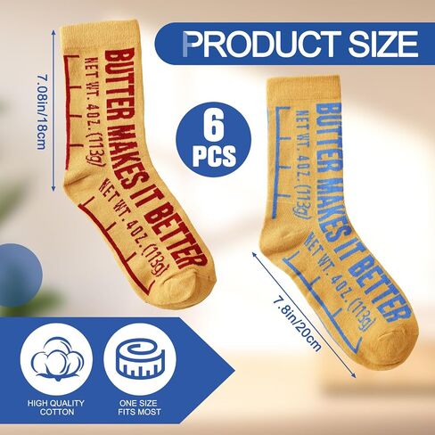 Janmercy 6 Pcs Butter Themed Gifts Socks Funny Food Novelty Crew Socks Silly Sock for Women 5–10 & Men 4.5–8.5 Soft Cotton Blend Unique Food Theme Gift for Chefs Butter Lovers Sock Collectors in Kuwait