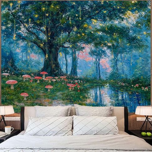 Haibimen Monet Nature Forest Tapestry Wall Hanging Green Tree Mushroom Landscape Tapestries for Bedroom Watercolor Aesthetic Wallpaper Decor for Living Room (forest-1, 48''×36'') in Saudi Arabia
