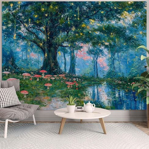 Haibimen Monet Nature Forest Tapestry Wall Hanging Green Tree Mushroom Landscape Tapestries for Bedroom Watercolor Aesthetic Wallpaper Decor for Living Room (forest-1, 48''×36'') in Saudi Arabia