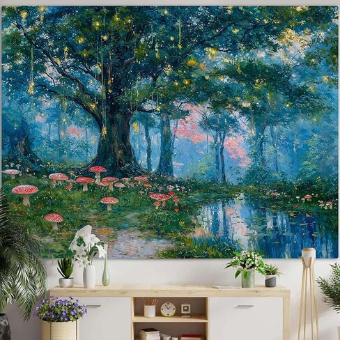 Haibimen Monet Nature Forest Tapestry Wall Hanging Green Tree Mushroom Landscape Tapestries for Bedroom Watercolor Aesthetic Wallpaper Decor for Living Room (forest-1, 48''×36'') in Saudi Arabia