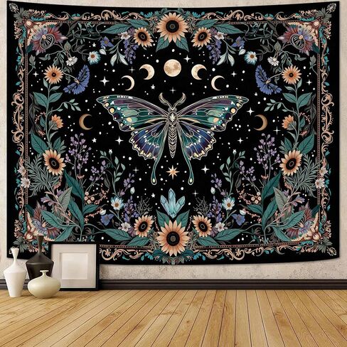 Faxdong Boho Green Butterfly Tapestry, Aesthetic Triple Moon and Sunflowers Crystal Tapestries, Moth Mystic Decor for Bedroom Living Room, 36x48 inches in Saudi Arabia