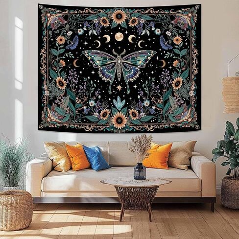 Faxdong Boho Green Butterfly Tapestry, Aesthetic Triple Moon and Sunflowers Crystal Tapestries, Moth Mystic Decor for Bedroom Living Room, 36x48 inches in Saudi Arabia
