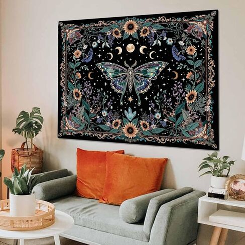 Faxdong Boho Green Butterfly Tapestry, Aesthetic Triple Moon and Sunflowers Crystal Tapestries, Moth Mystic Decor for Bedroom Living Room, 36x48 inches in Saudi Arabia
