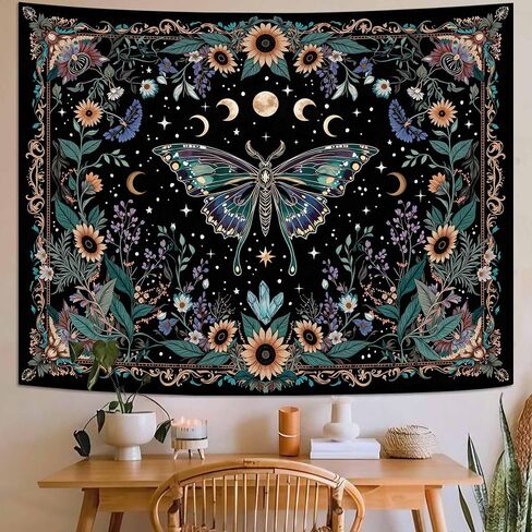 Faxdong Boho Green Butterfly Tapestry, Aesthetic Triple Moon and Sunflowers Crystal Tapestries, Moth Mystic Decor for Bedroom Living Room, 36x48 inches in Saudi Arabia
