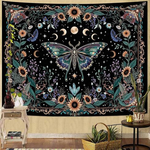 Faxdong Boho Green Butterfly Tapestry, Aesthetic Triple Moon and Sunflowers Crystal Tapestries, Moth Mystic Decor for Bedroom Living Room, 36x48 inches in Saudi Arabia