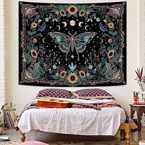 Faxdong Boho Green Butterfly Tapestry, Aesthetic Triple Moon and Sunflowers Crystal Tapestries, Moth Mystic Decor for Bedroom Living Room, 36x48 inches in Saudi Arabia