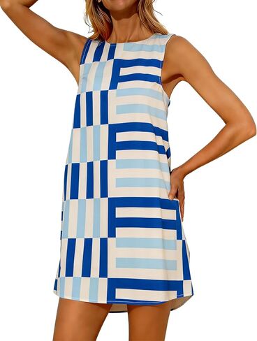 Womens Summer Boho A-Line Mini Dress Casual Color Block Sundress Sleeveless Beach Vacation Coverups in Saudi Arabia