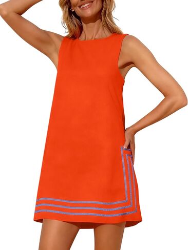 Womens Boho A-Line Coverups Sleeveless Mini Dress Summer Color Block Beach Sundress with Pockets(Orange-M) in Saudi Arabia