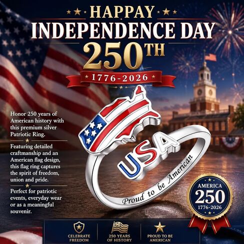 250th Anniversary American Flag Ring for Women 925 Sterling Silver Open Adjustable Patriotic Ring 4th of July Red White and Blue Jewelry Memorial Day Independence Day Gifts in Saudi Arabia