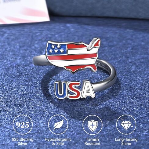 250th Anniversary American Flag Ring for Women 925 Sterling Silver Open Adjustable Patriotic Ring 4th of July Red White and Blue Jewelry Memorial Day Independence Day Gifts in Saudi Arabia