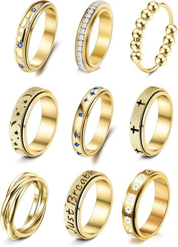 Fidget Ring for Anxiety Stainless Steel Anti Anxiety Ring Spinning Flower Moon Star Bands Rings for Women Anxiety Stress Relief Spinner Jewelry in Saudi Arabia