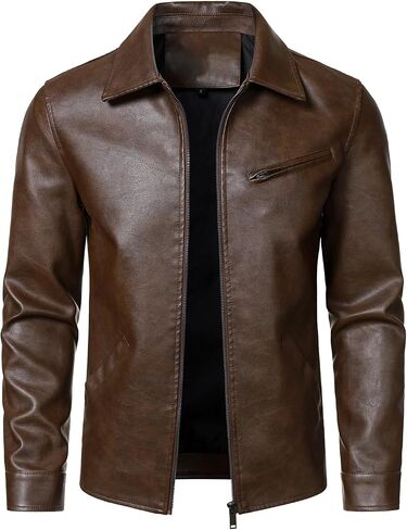 HOOD CREW Men’s Classic Faux Leather Jackets Turn Down Collar Leather Coat Lightweight Outerwear Biker Jacket in Kuwait