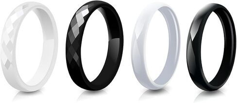 4 Pack Black and White 3mm Thin Ceramic Plain Wedding Bands for Women, Minimalist Stackable Rings, High Polished Hypoallergenic Non-Metal Jewelry Gift for Her, Size 5-12 in Saudi Arabia